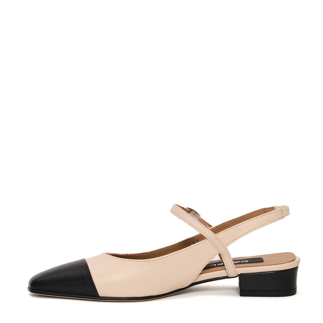 Beige Leather Slingback Shoes With Black Cap