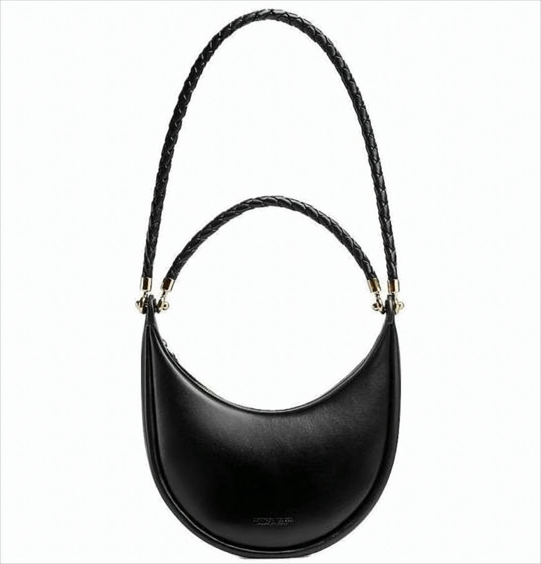 Crescent-Shaped Black Leather Shoulder Bag