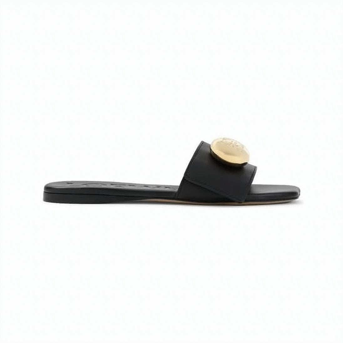 Minimalist Black Slide Sandals with Gold-tone Medallion