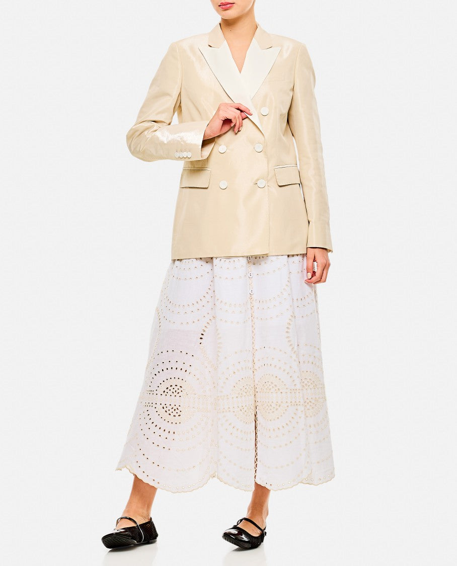 Beige Double-Breasted Jacket With Flap Pockets And Shiny Finish