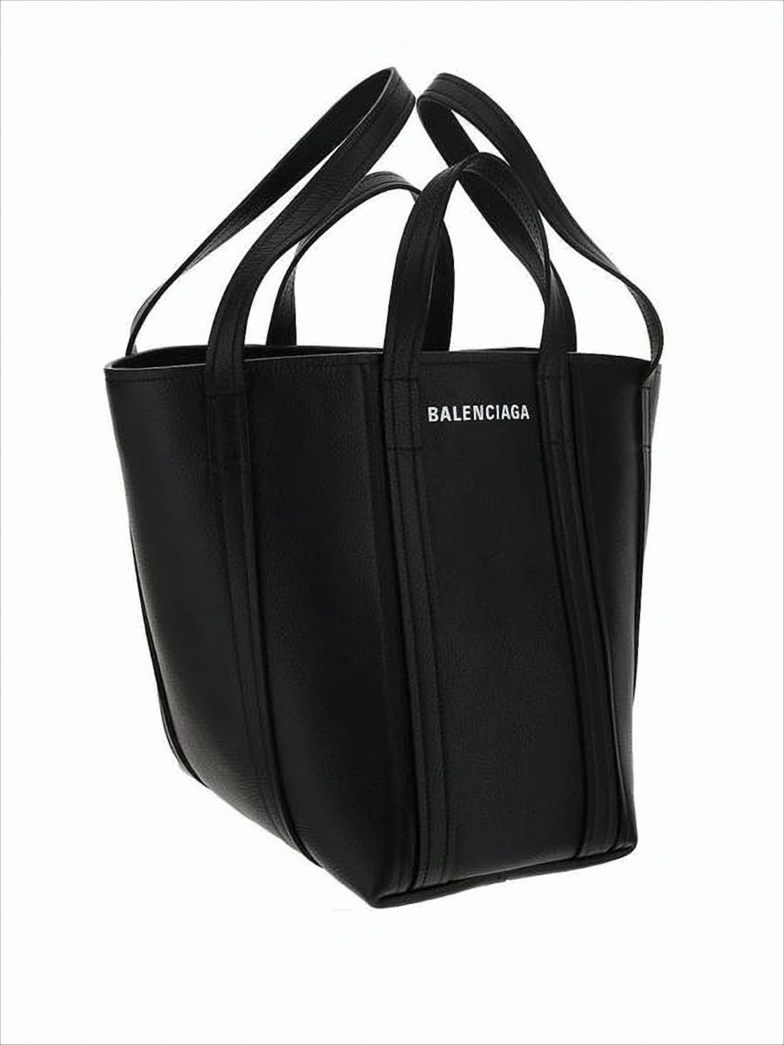 Trapezoidal Black Calf Leather Tote Bag With Dual Handles