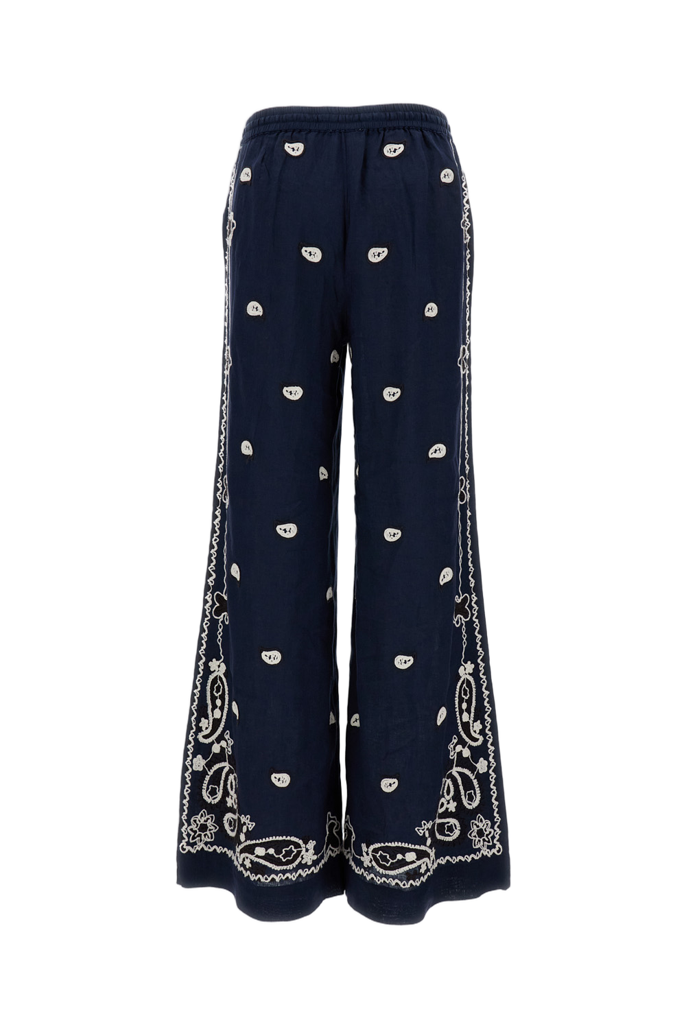 Embroidered Wide-Leg Linen Trousers with Adjustable Waistband