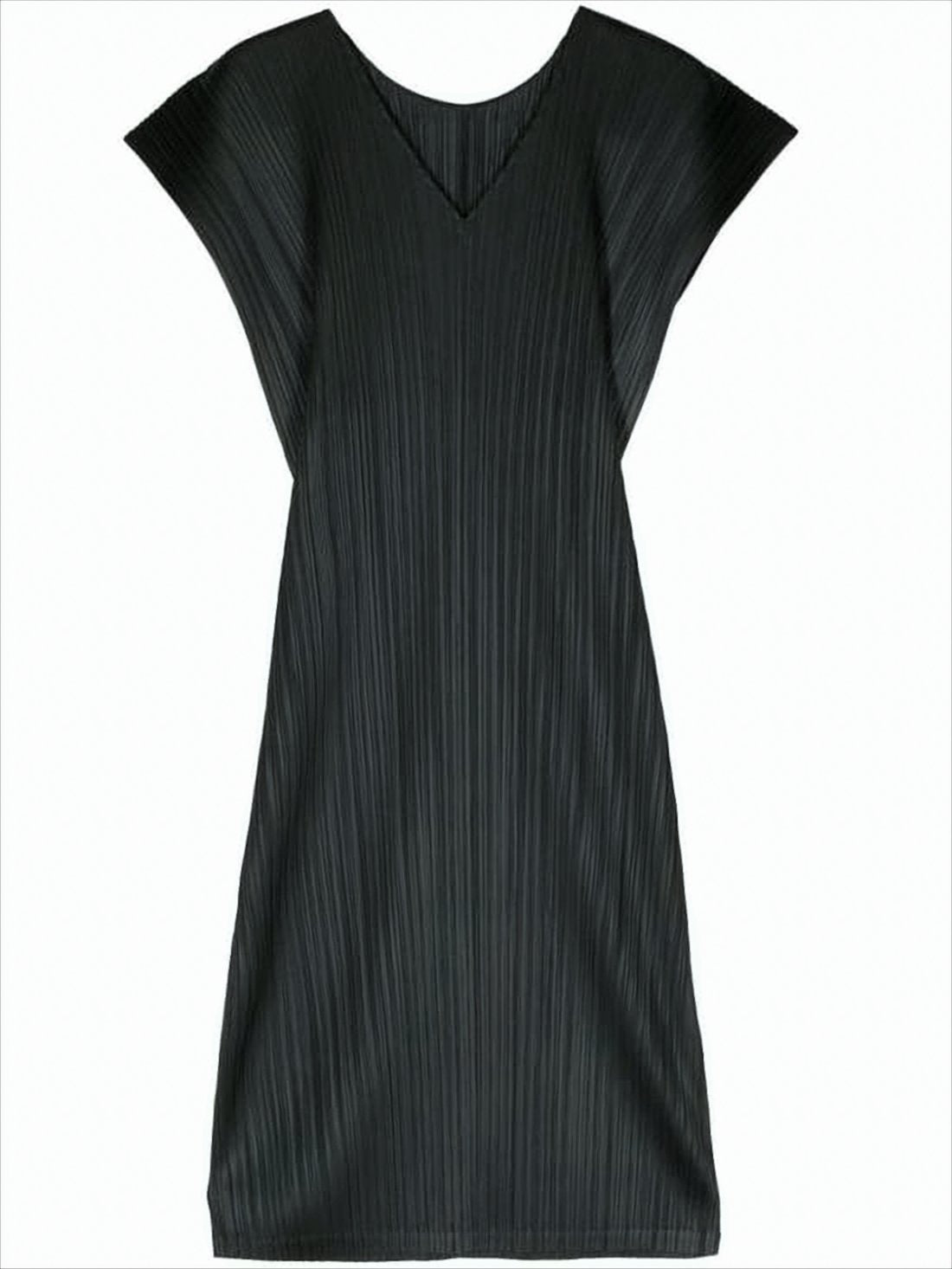 Pleated Black Midi Dress with V-Neckline