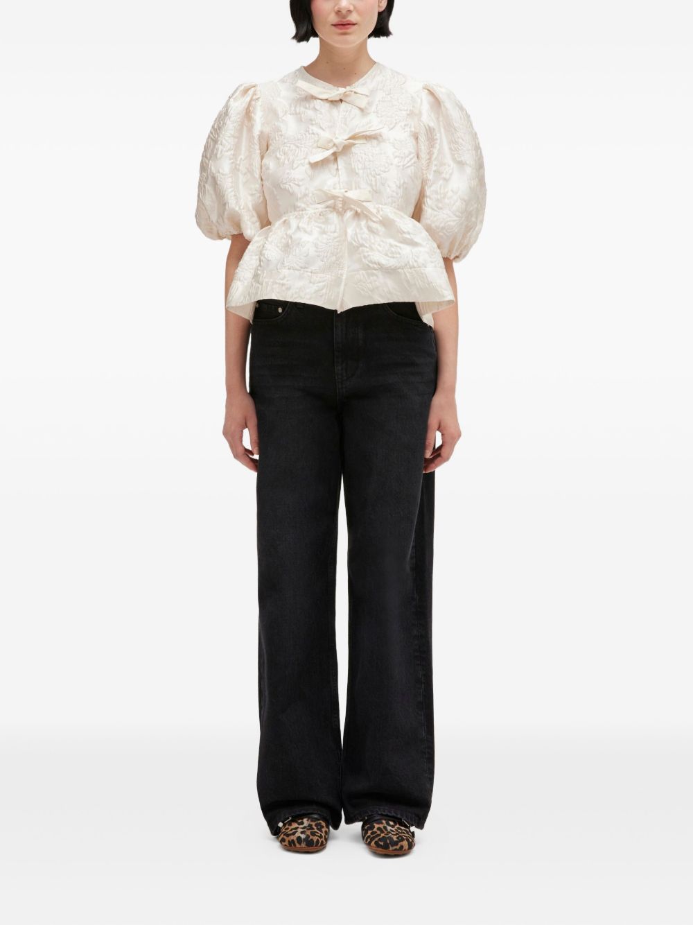 Textured Jacquard Blouse With Puff Sleeves