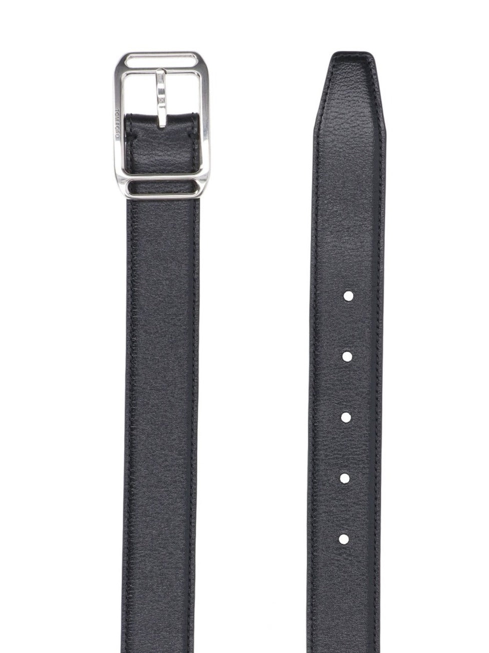 Polished Silver Buckled Black Leather Belt