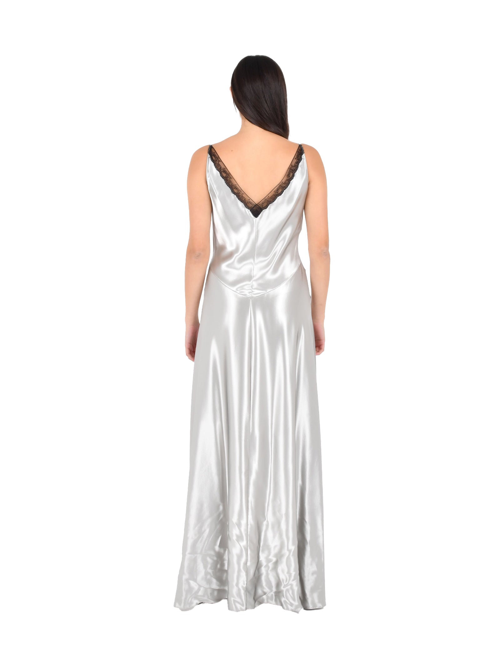 Silver Satin Maxi Dress With Lace Inserts