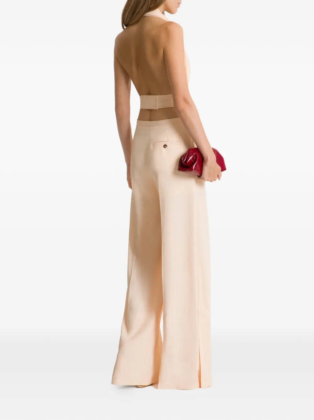Sleeveless Halter Neck Top with Deep V-Neck and Draped Hem