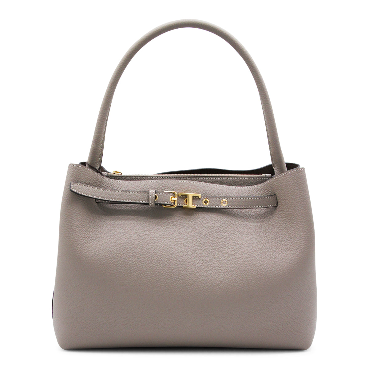 Grey Leather Handbag with T Hardware