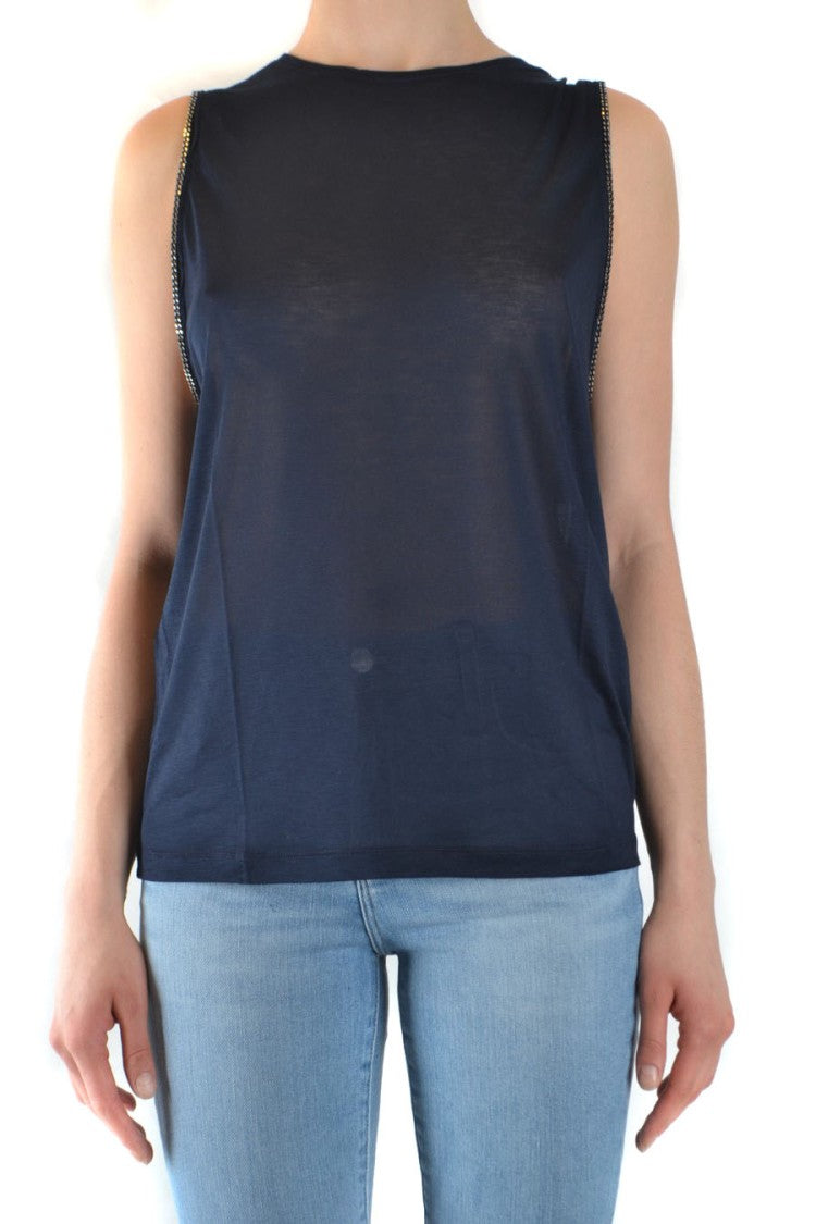 Navy Sleeveless Top With High Round Neckline
