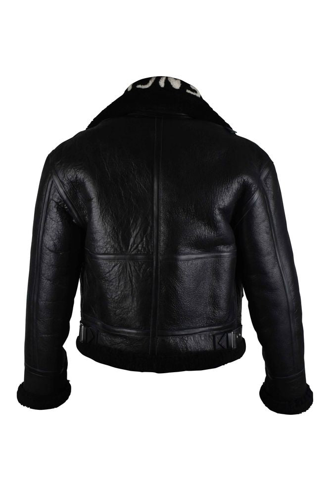 Shiny Black Leather and Wool Bomber