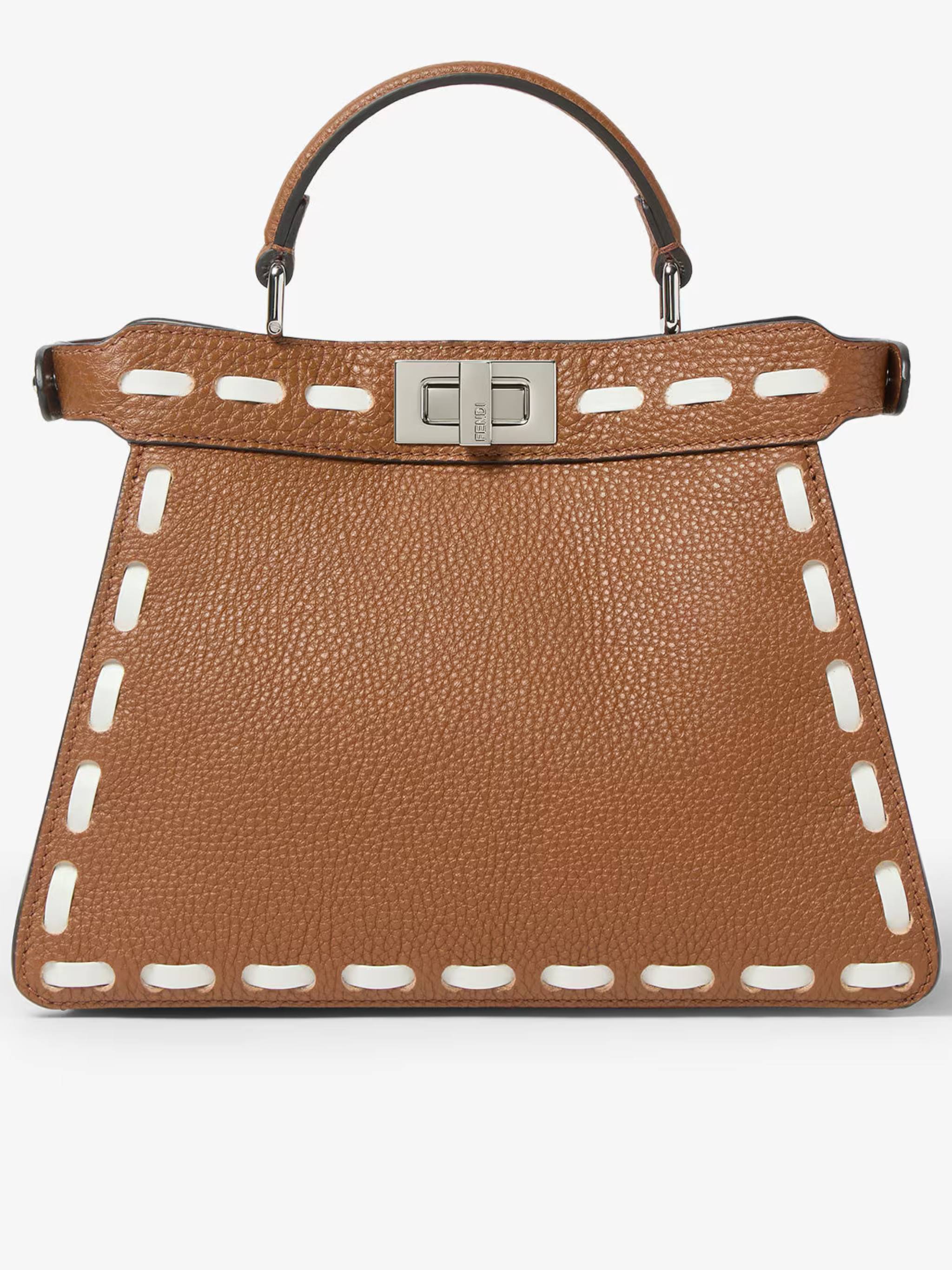 Trapezoidal Leather Handbag with Stitched Detailing and Silver-tone Closure