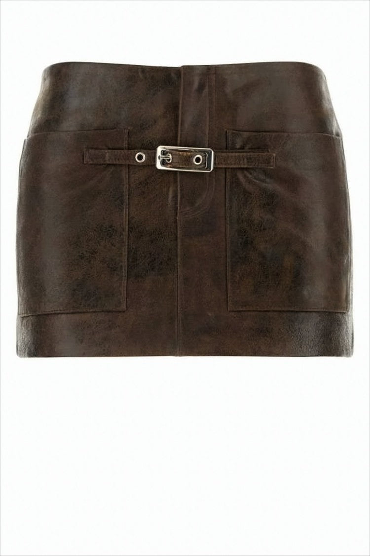 Short Leather Skirt With Distressed Finish And Silver Buckle