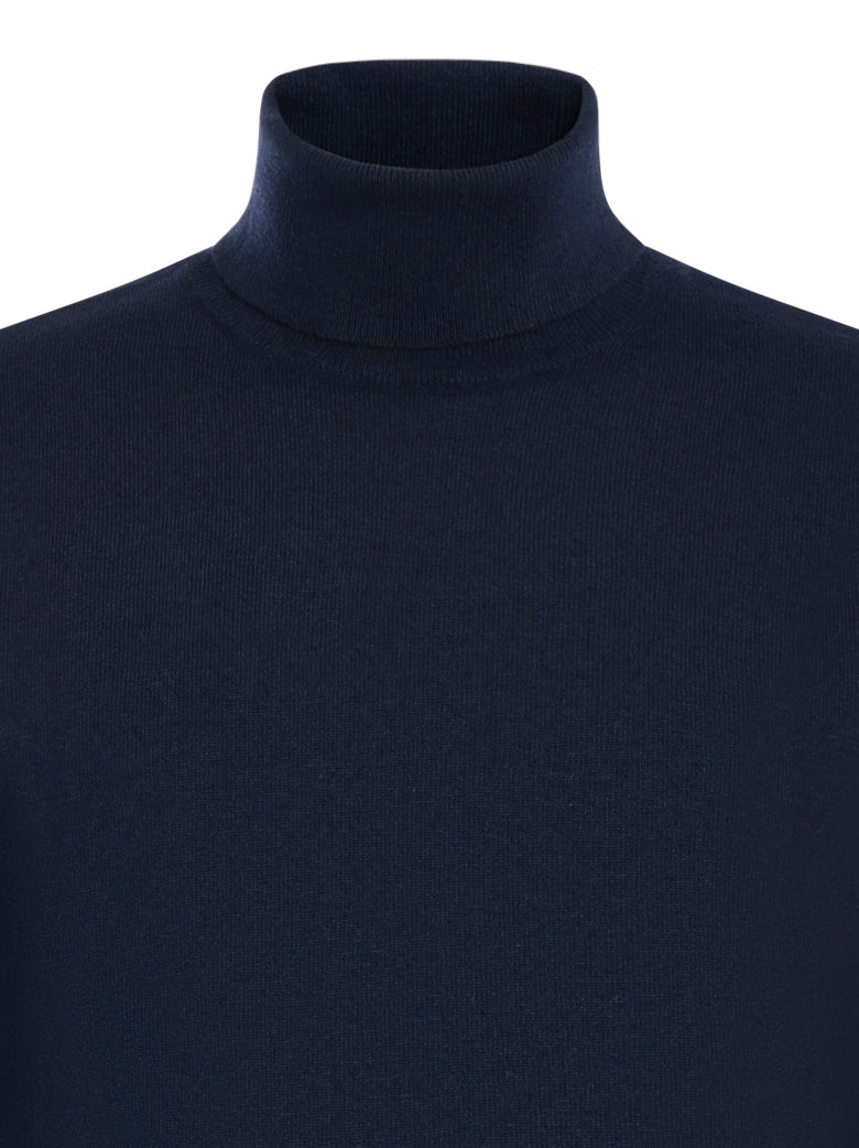 High Neck Blue Sweater With Ribbed Cuffs