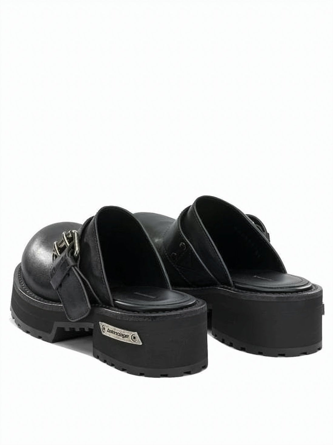 Black Chunky Sole Buckle Leather Mules