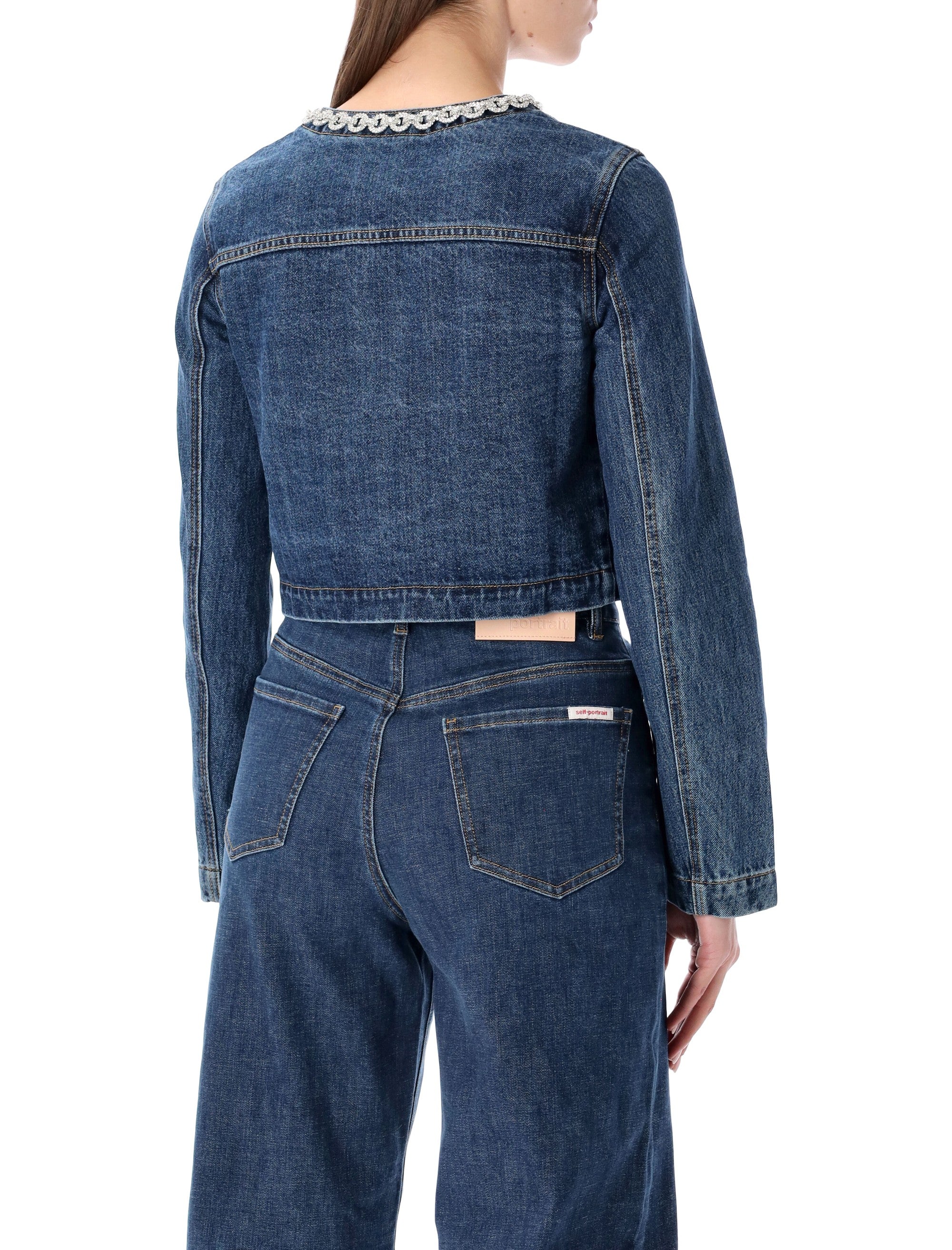Cropped Denim Jacket With Crystal Chain Trims