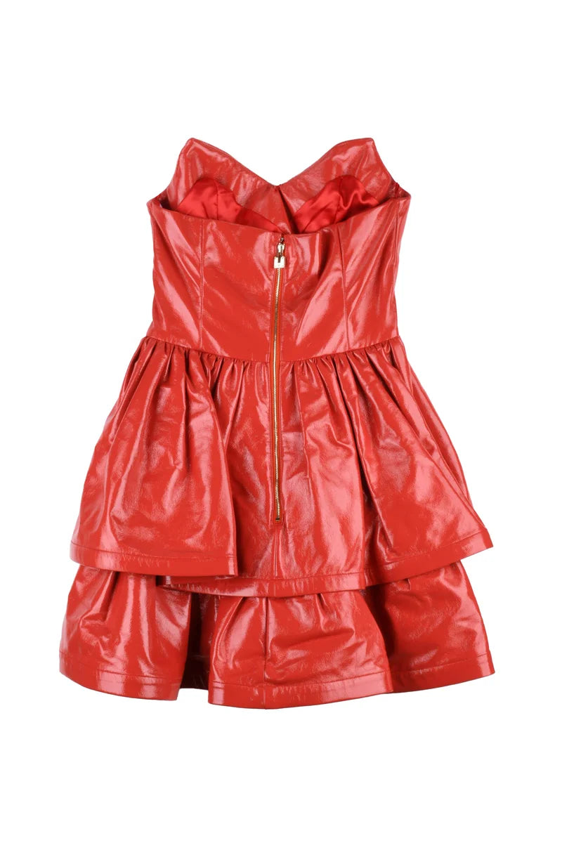 Short Faux Leather Dress Heart Neckline - Red