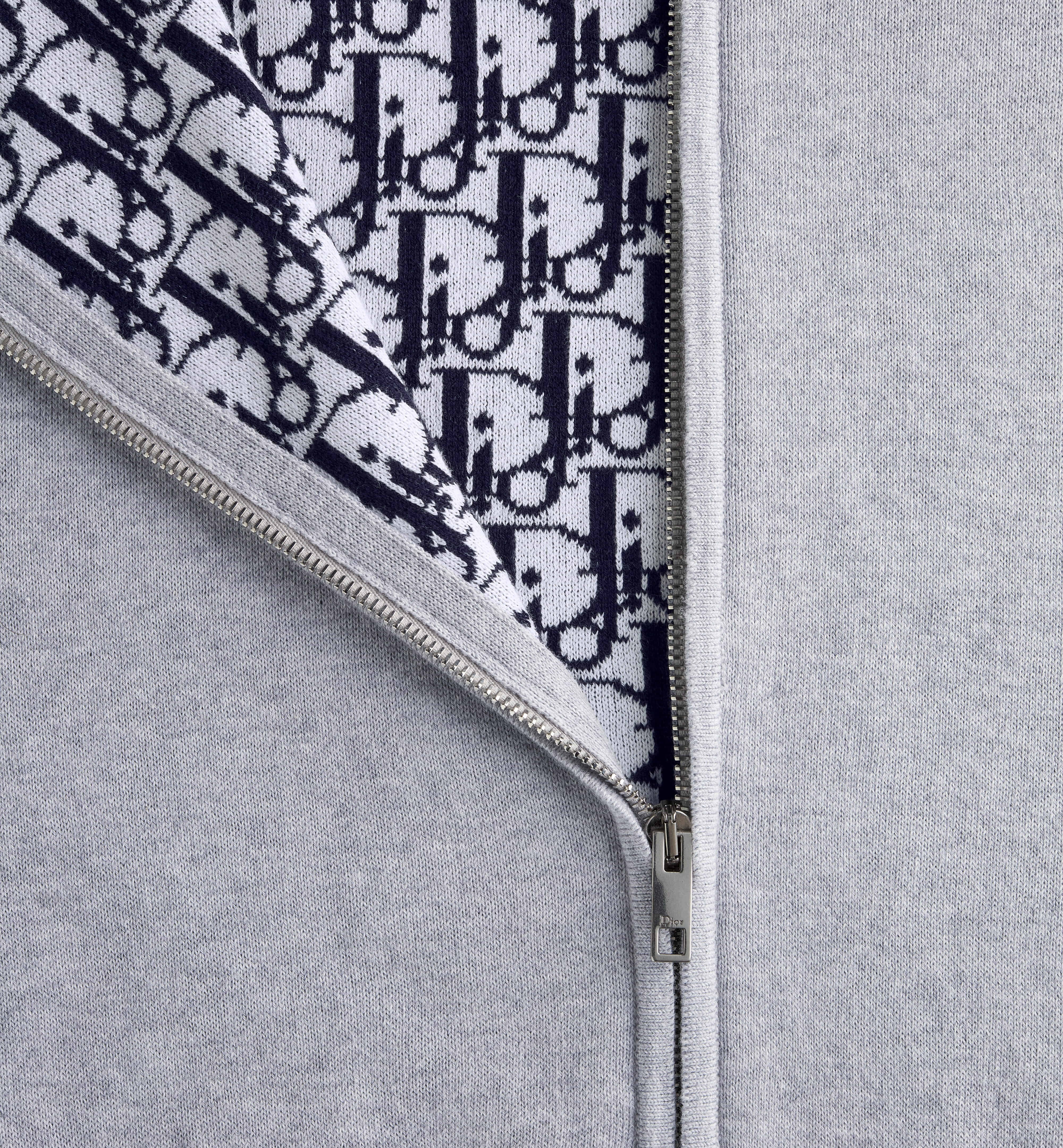 Light Grey Zip-Up Knit Top With Contrast Hood Lining