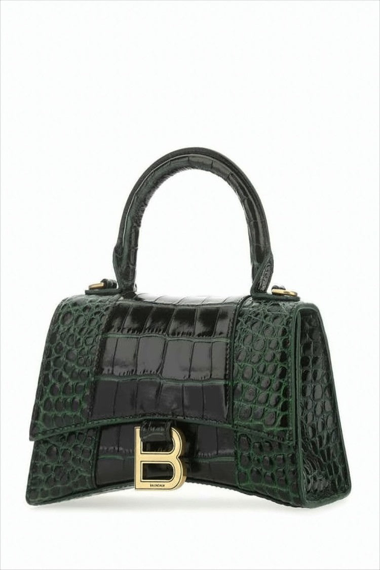 Glossy Crocodile-Embossed Green Tote Bag with Iconic Logo Clasp