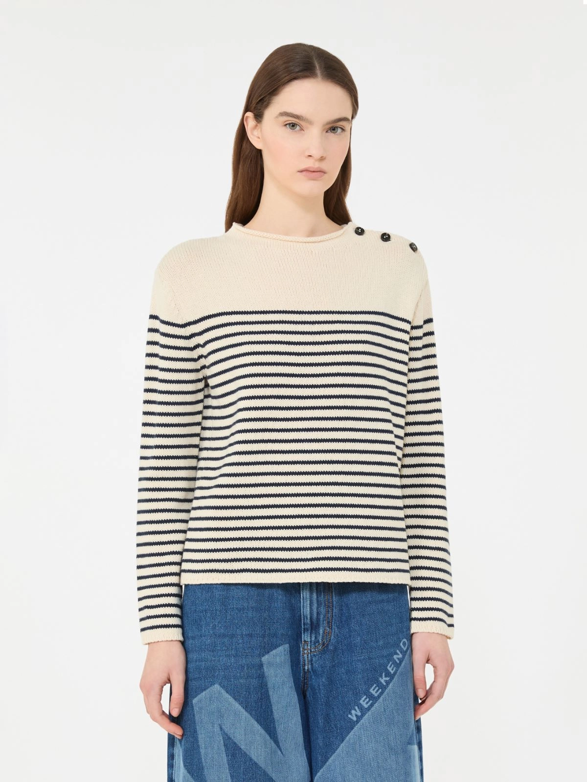 Knitted Long-Sleeve Top with Horizontal Navy Stripes