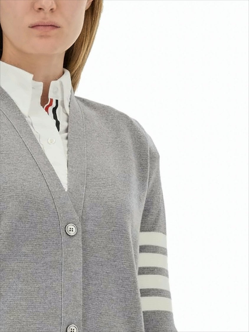 Light Grey Merino Wool Cardigan with Signature Stripe Accents