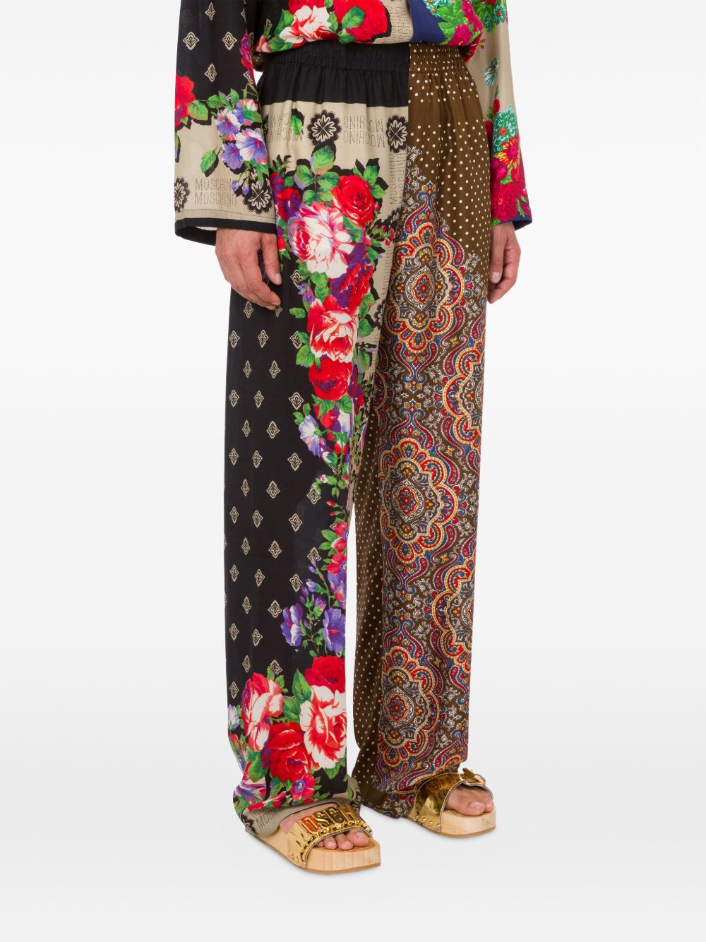 Wide-Leg Silk And Nylon Patchwork Trousers