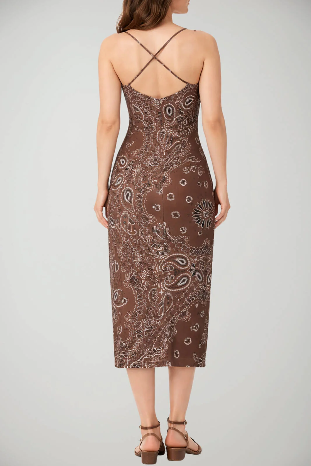 Crisscross Back Midi Dress with Intricate Paisley Pattern