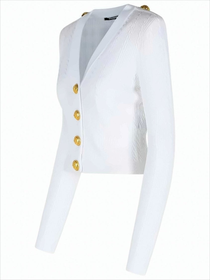 Cropped Textured Knit Cardigan with Gold-Tone Buttons