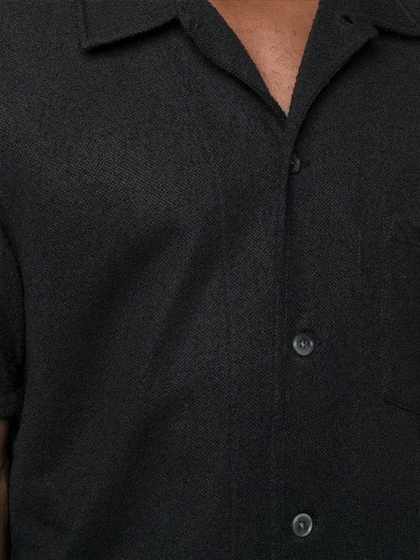 Textured Black Short-Sleeved Shirt with Classic Collar