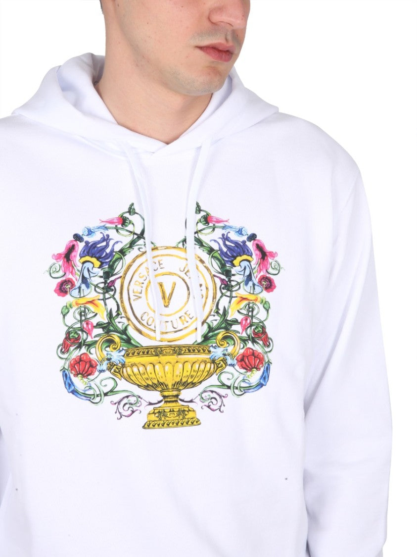 Drawstring Hooded Sweatshirt With Floral Logo Print