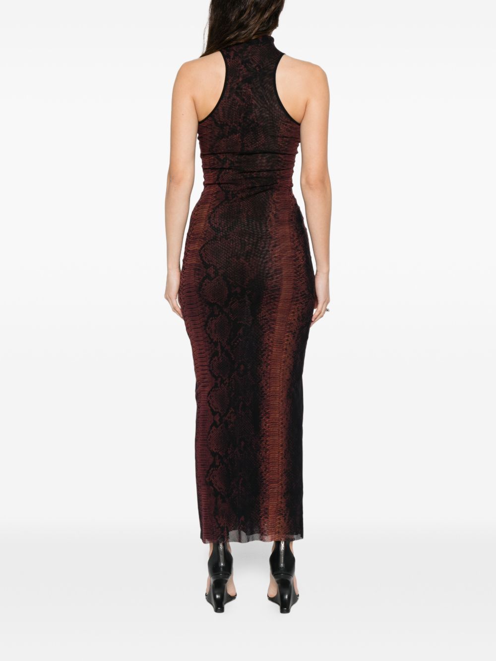 High-Neck Midi Dress With Snake Print In Silk And Nylon