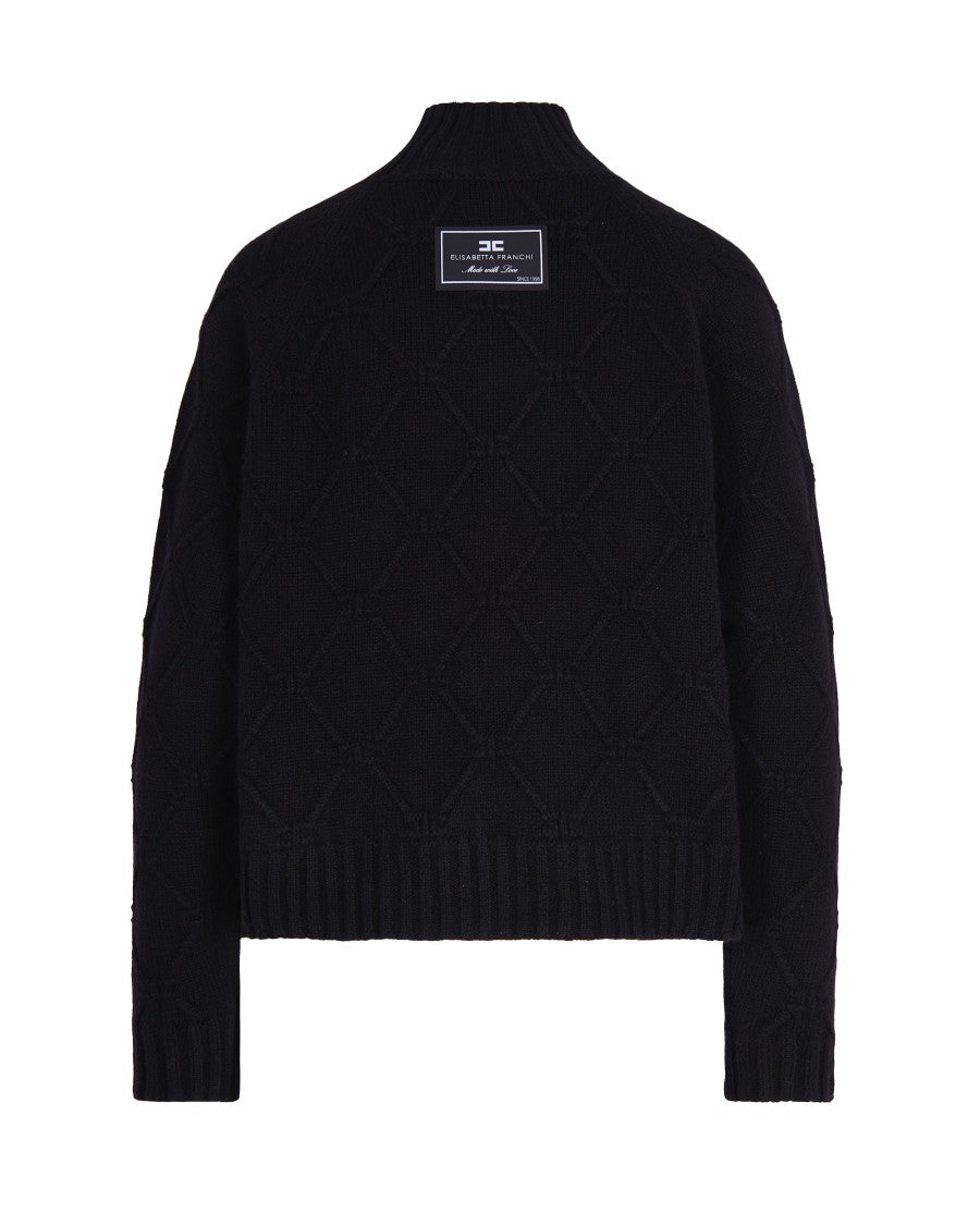 High-Neck Wool And Cashmere Sweater With Jacquard Diamond Pattern