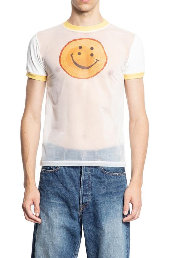 Semi-Sheer White T-Shirt with Hand-Drawn Smiley Graphic