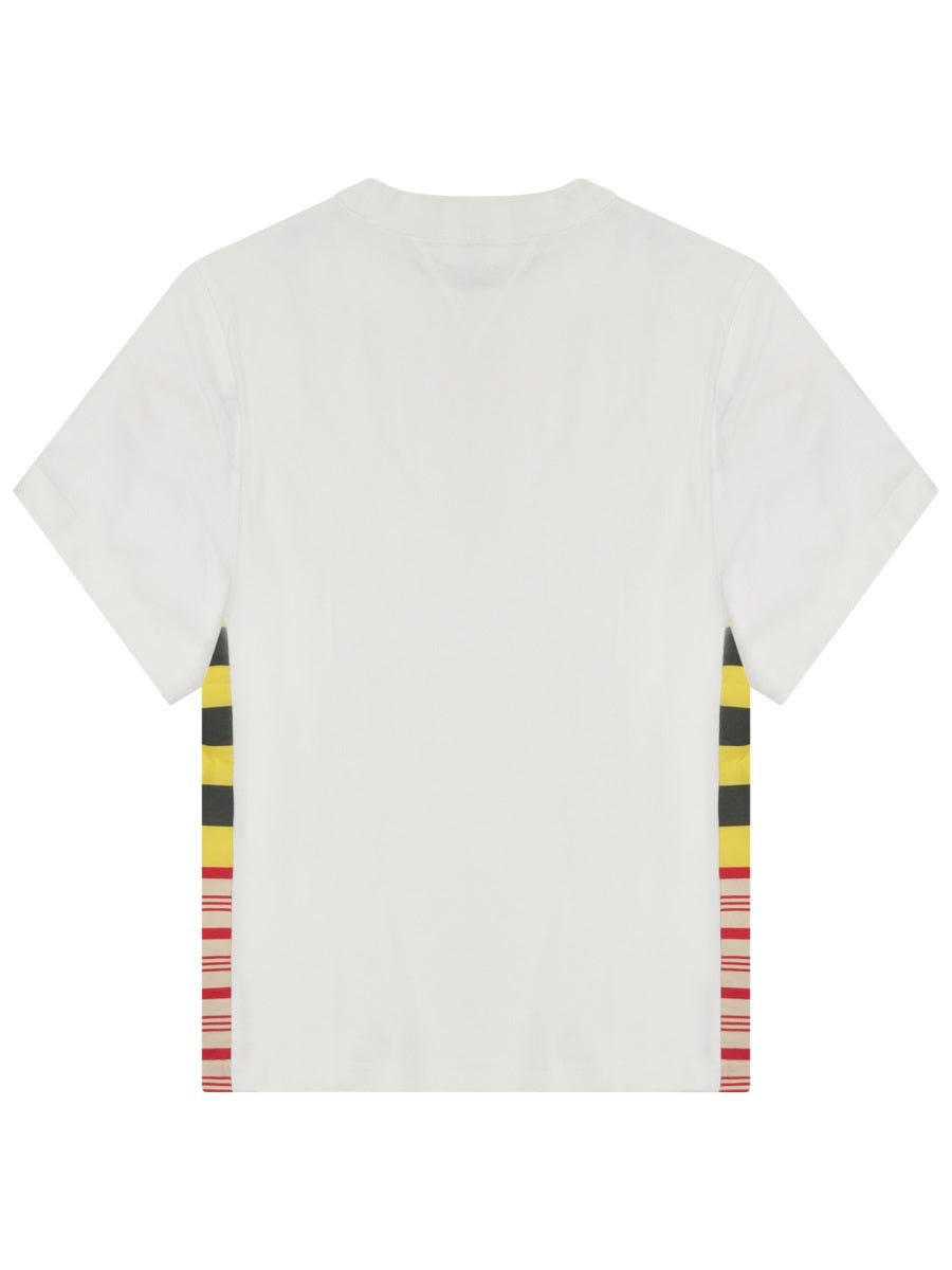 Boxy-Cut White Cotton T-Shirt With Multicolored Striped Panels