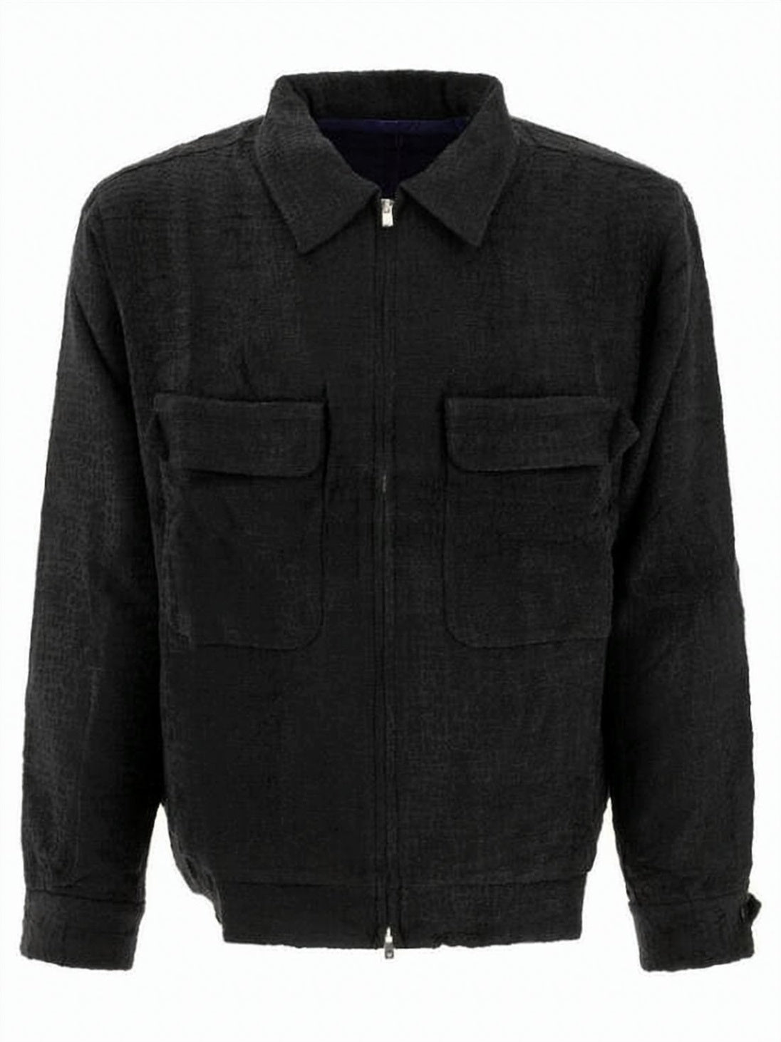 Textured Black Zip-Up Casual Jacket With Classic Collar