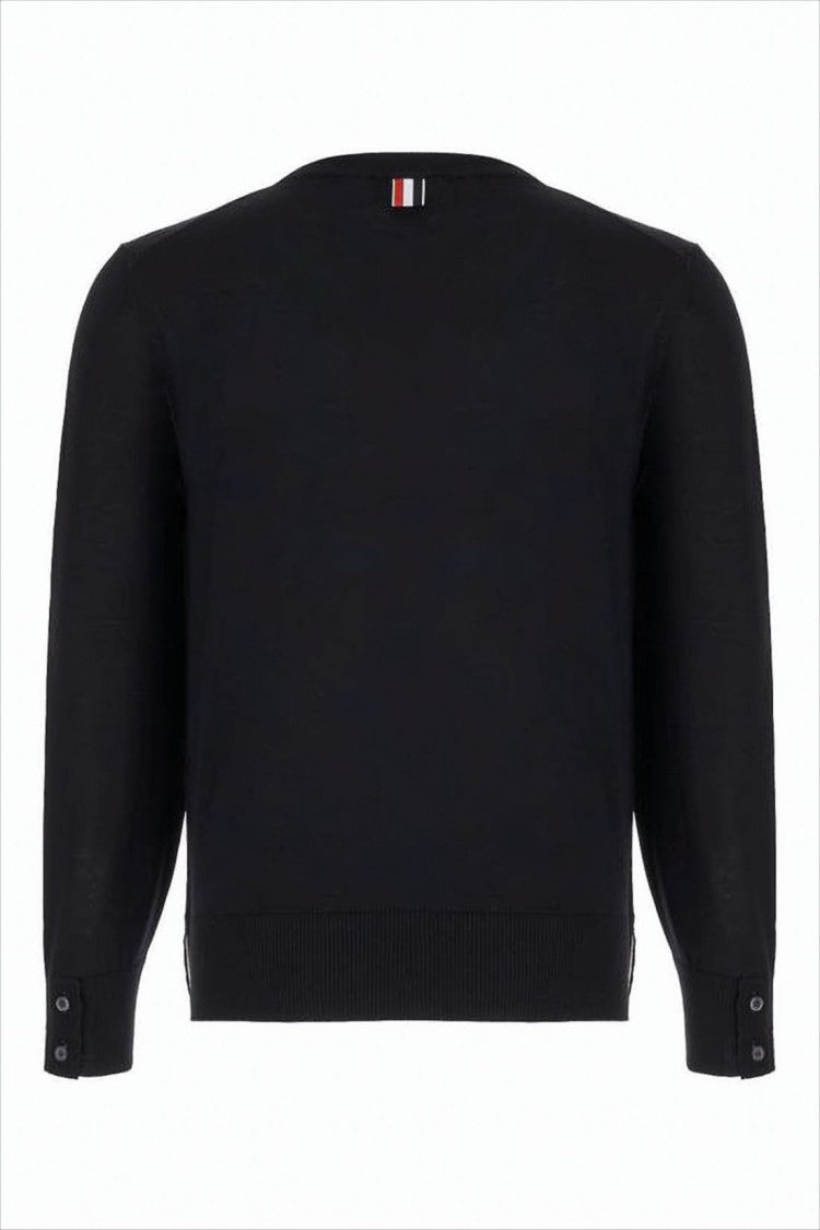 Classic Crew Neck Black Merino Wool Sweater with Ribbed Texture