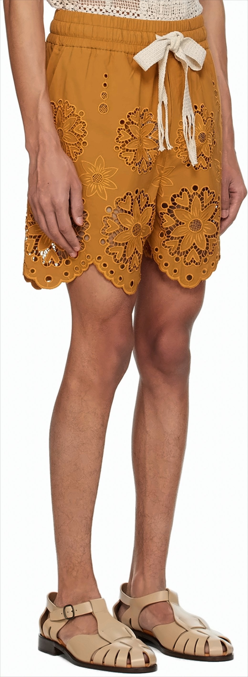 Brown Cotton Shorts with Floral Cut-Out Embroidery