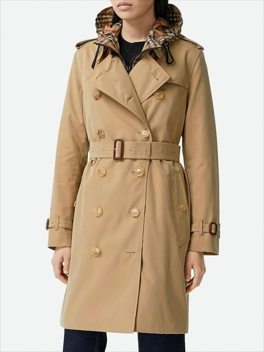 Double-Breasted Trench Coat with Distinctive Check Hood