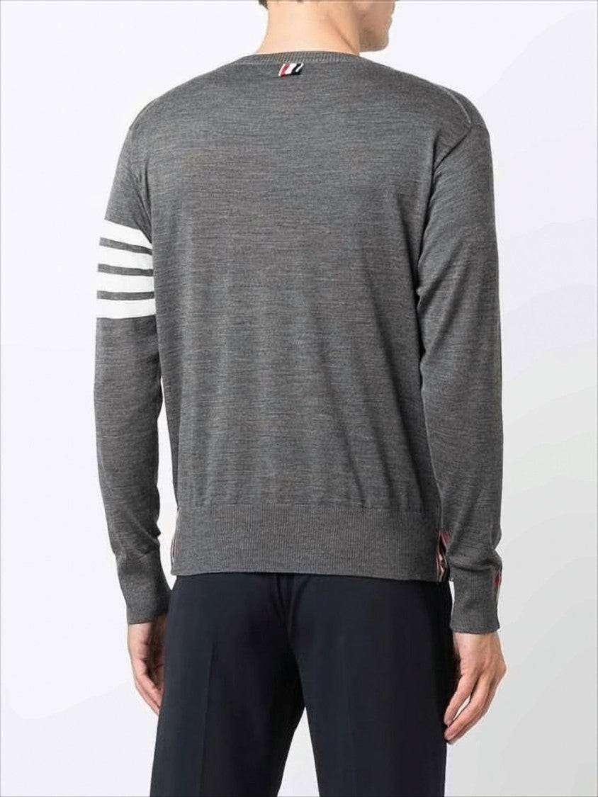 Fine-Knit Grey Merino Wool Sweater with Striped Accent