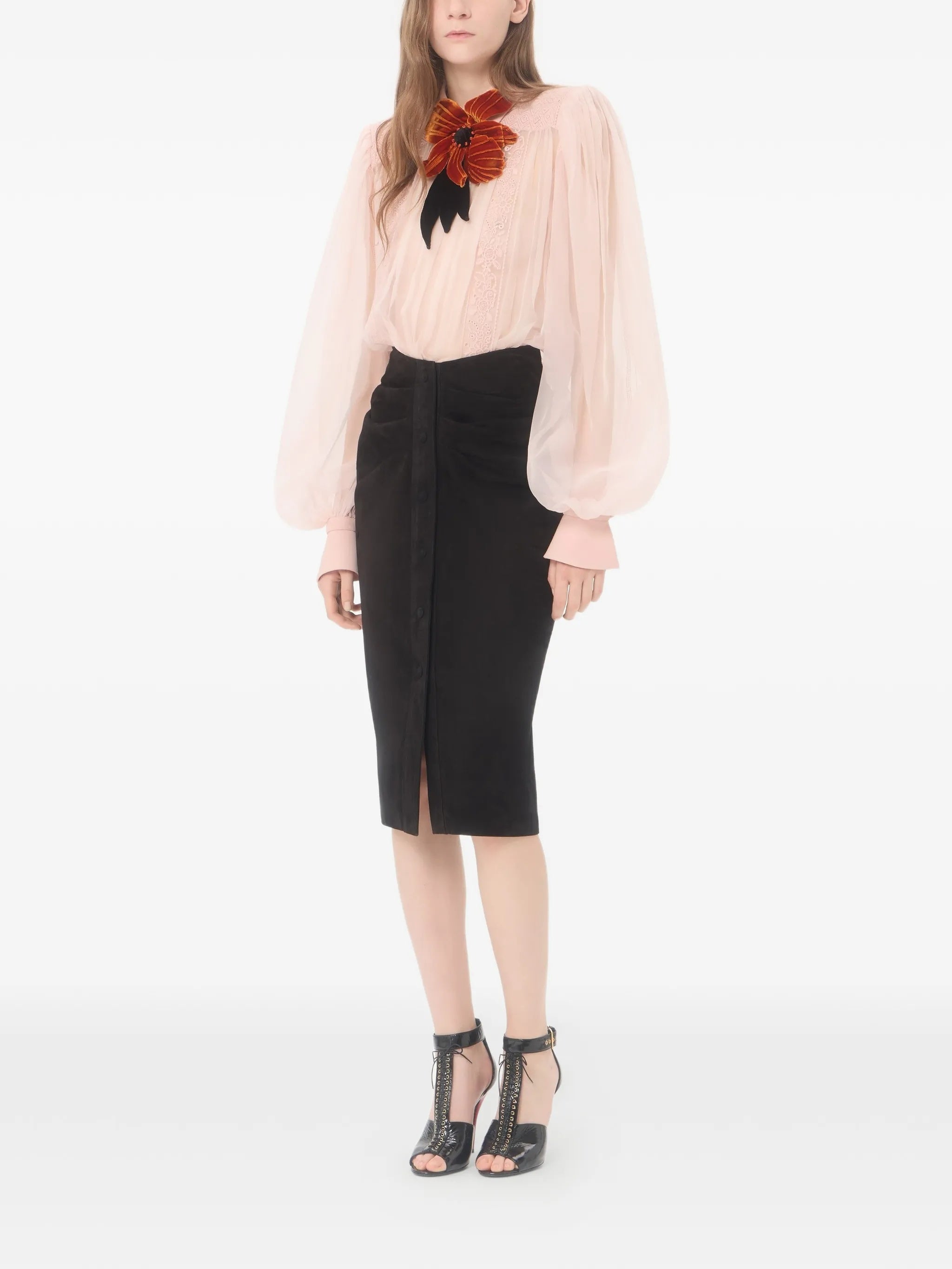 Neutral Sheer Velvet Floral Applique Blouse