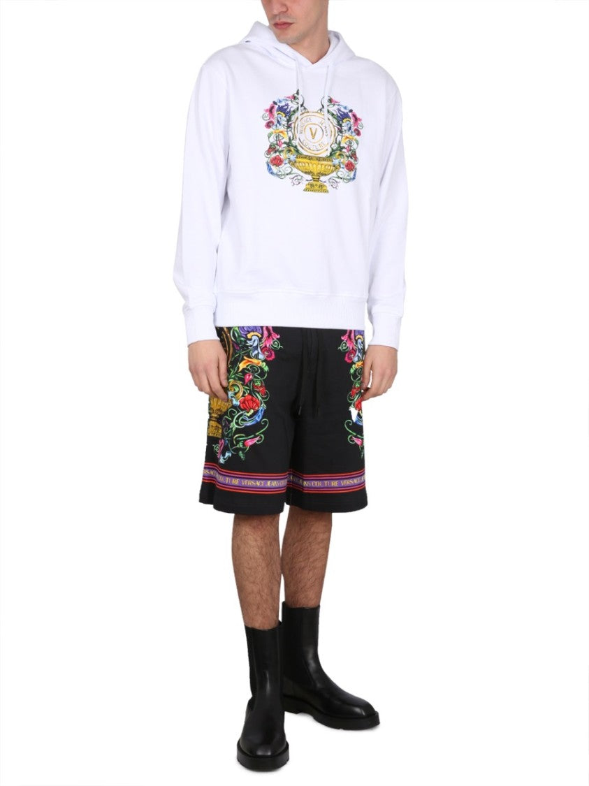 Drawstring Hooded Sweatshirt With Floral Logo Print