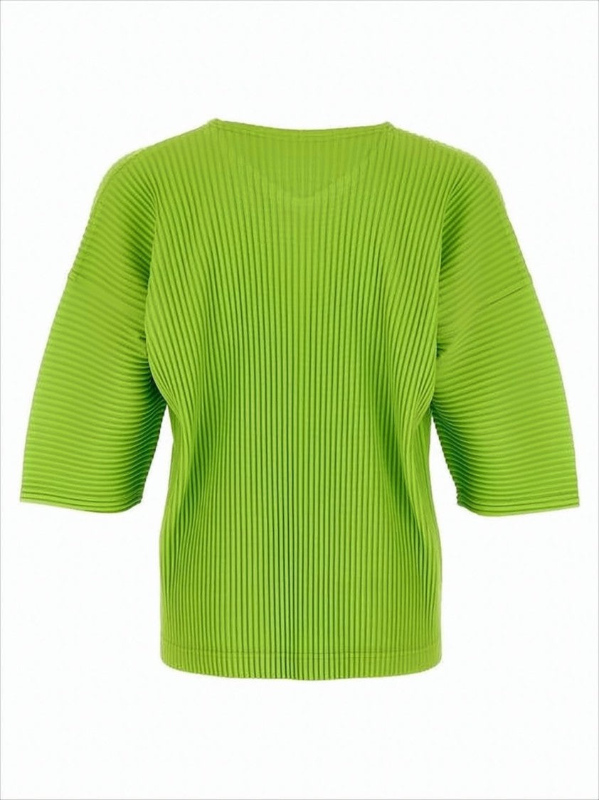 Lime Green Pleated Short-Sleeve Top with Boxy Silhouette