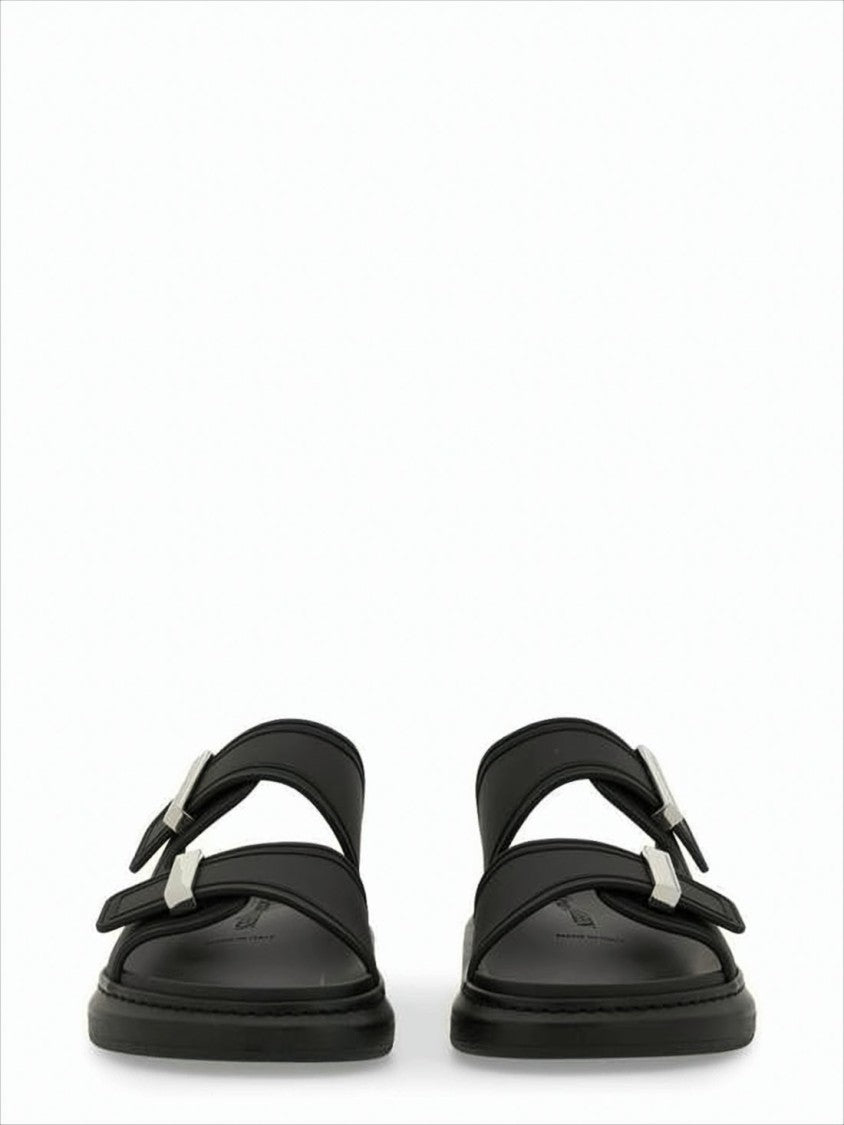 Black Rubber Slip-On Mules with Adjustable Straps