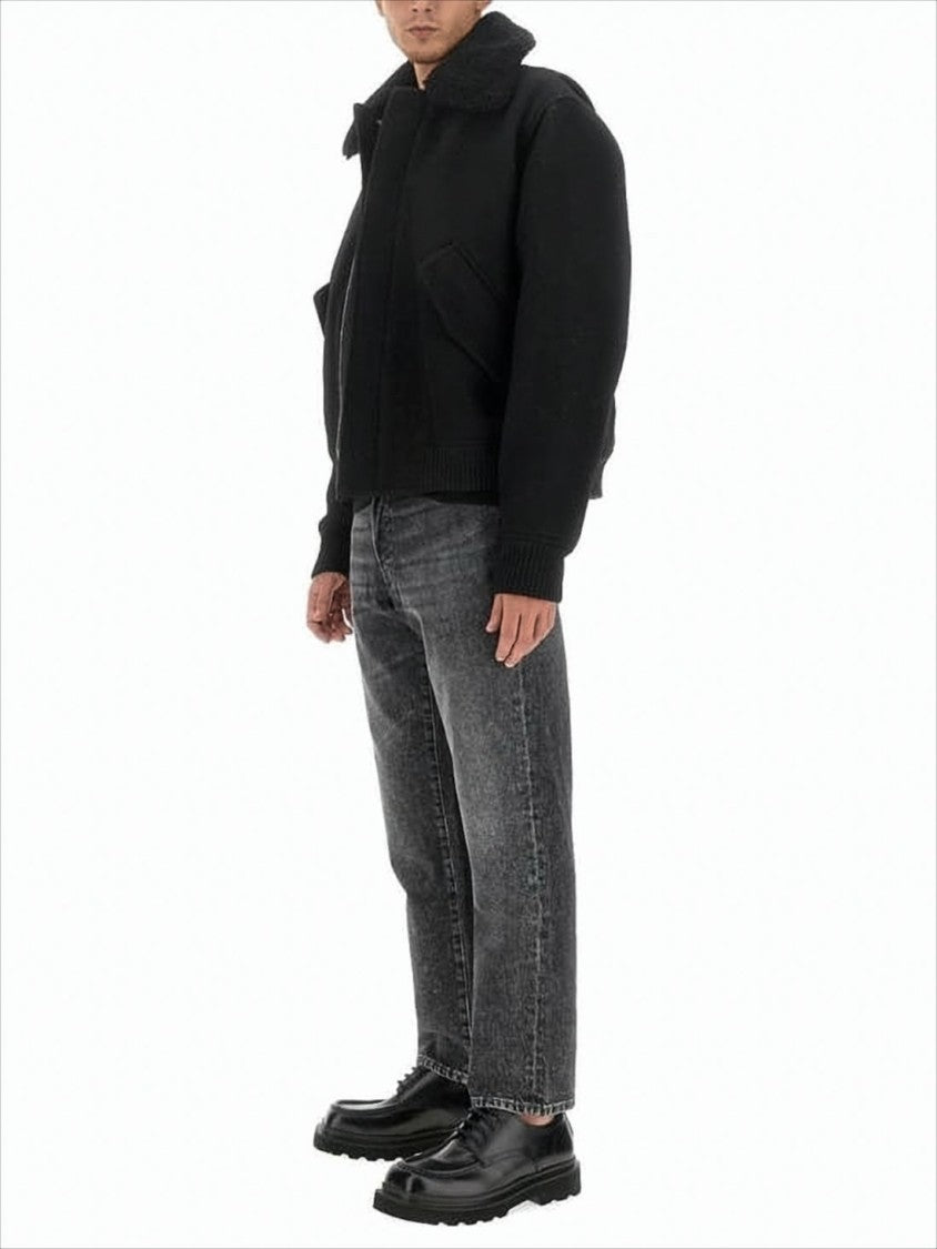 Cropped Black Wool Jacket with Oversized Collar