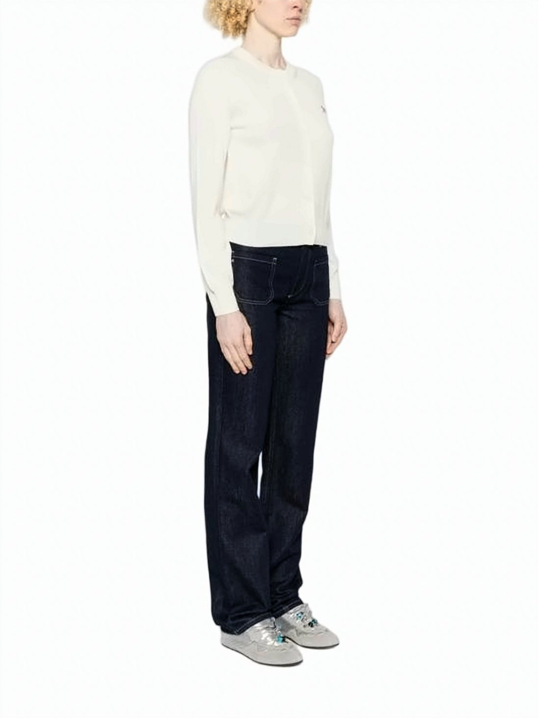 Navy Merino Wool Fox Motif Cardigan