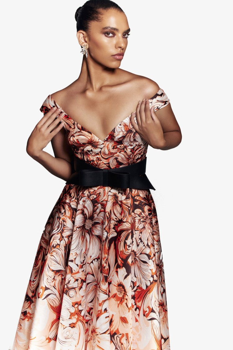 Mikado Printed Dress With Off-Shoulder Sleeves