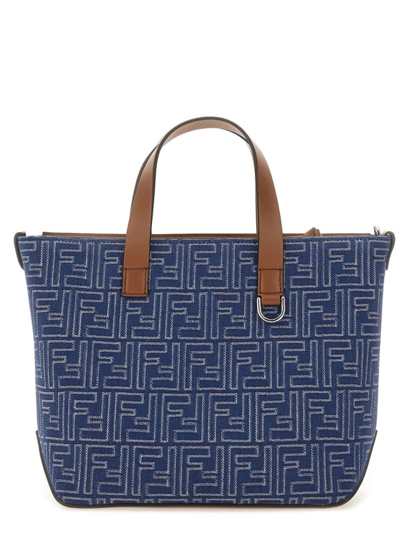 Structured Cotton Ff Shopping Bag With Leather Accents
