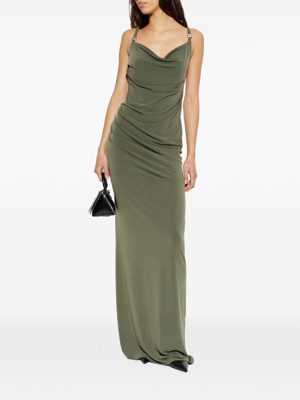 Long Draped Cowl Neck Maxi Dress With Open Back Detail