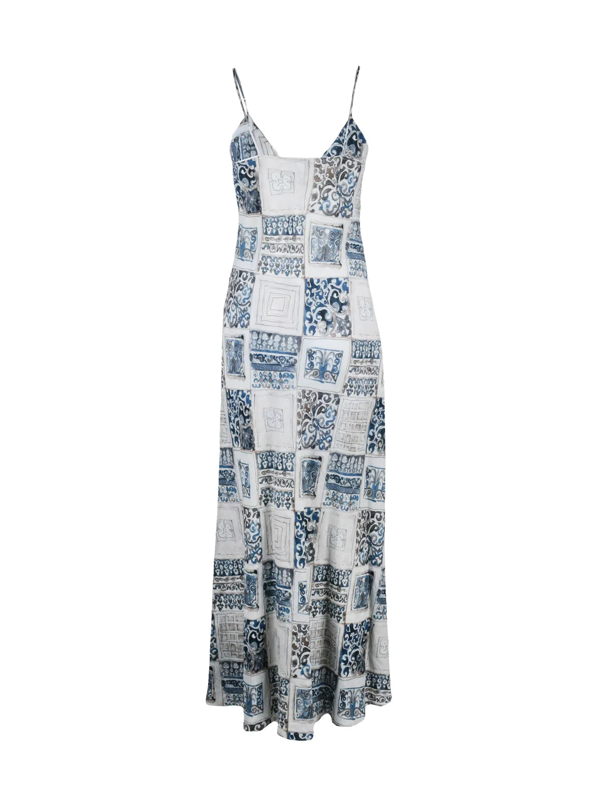 Blue Beige Long Flared Linen Dress