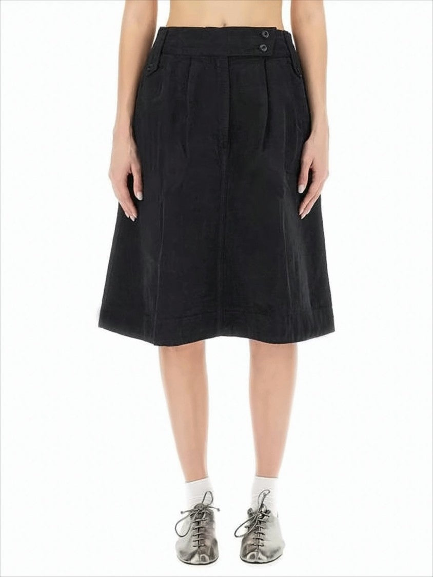 A-Line Midi Skirt with Button-Detail Waistband