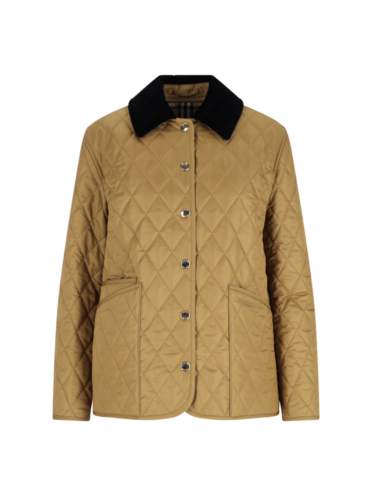 Quilted Beige Jacket with Classic Black Corduroy Collar